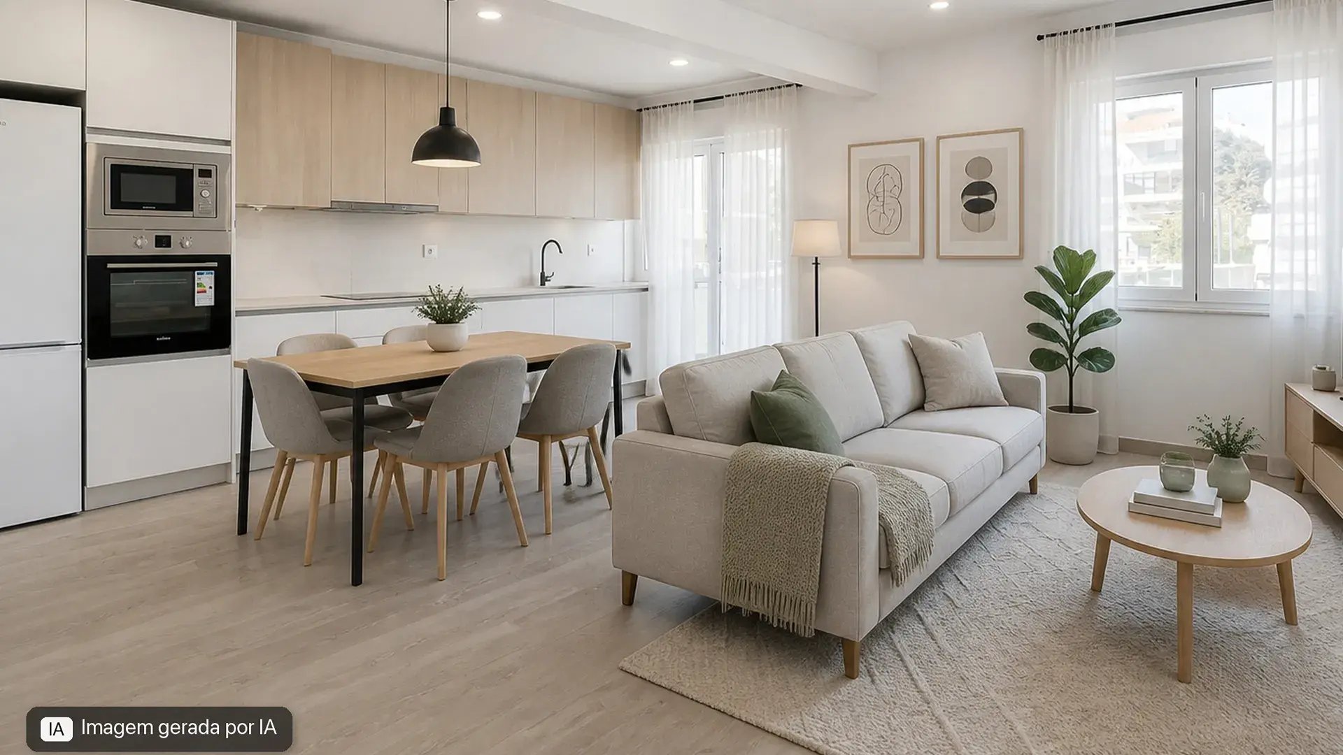Sala e cozinha em open space de apartamento T3 remodelado em Massamá, Sintra