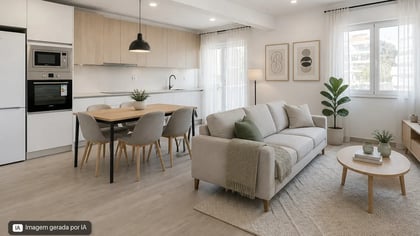 Modern open-plan living and dining area with beige sofa and wood table in a renovated T3 apartment in Massamá, Sintra