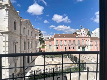 View from the balcony over a historic square near Palácio de Vilalva in Avenidas Novas, Lisbon
