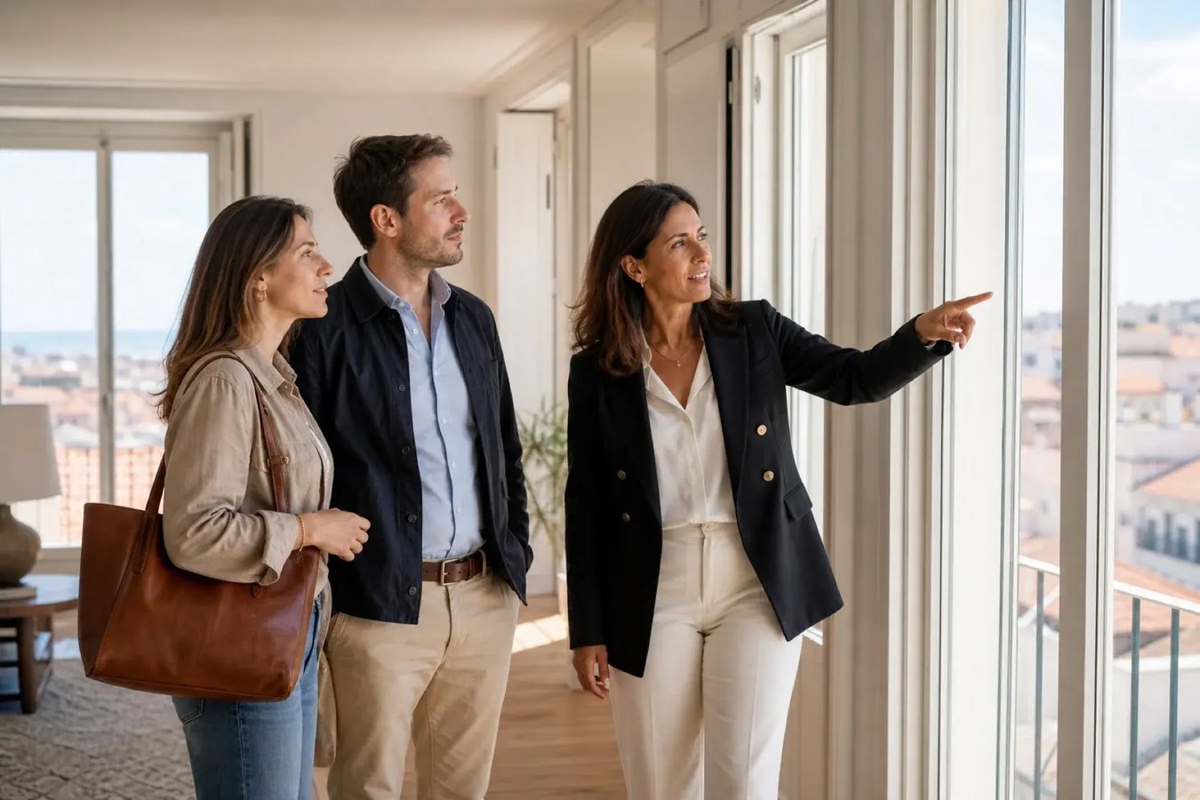 Buyer’s agent guiding international buyers through a property visit in Portugal