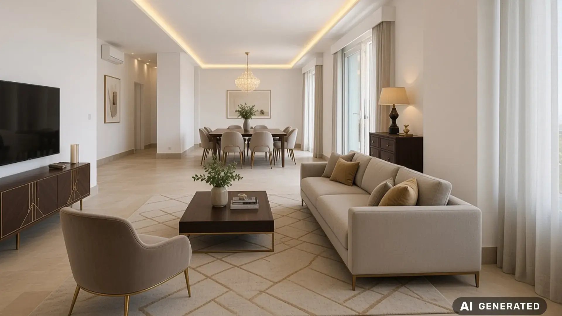 Furnished living room of the Parede penthouse, with a sofa, television and windows toward the coast