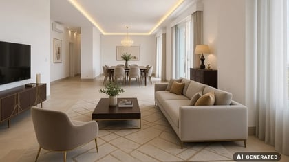 Furnished living room of the Parede penthouse, with a sofa, television and windows toward the coast
