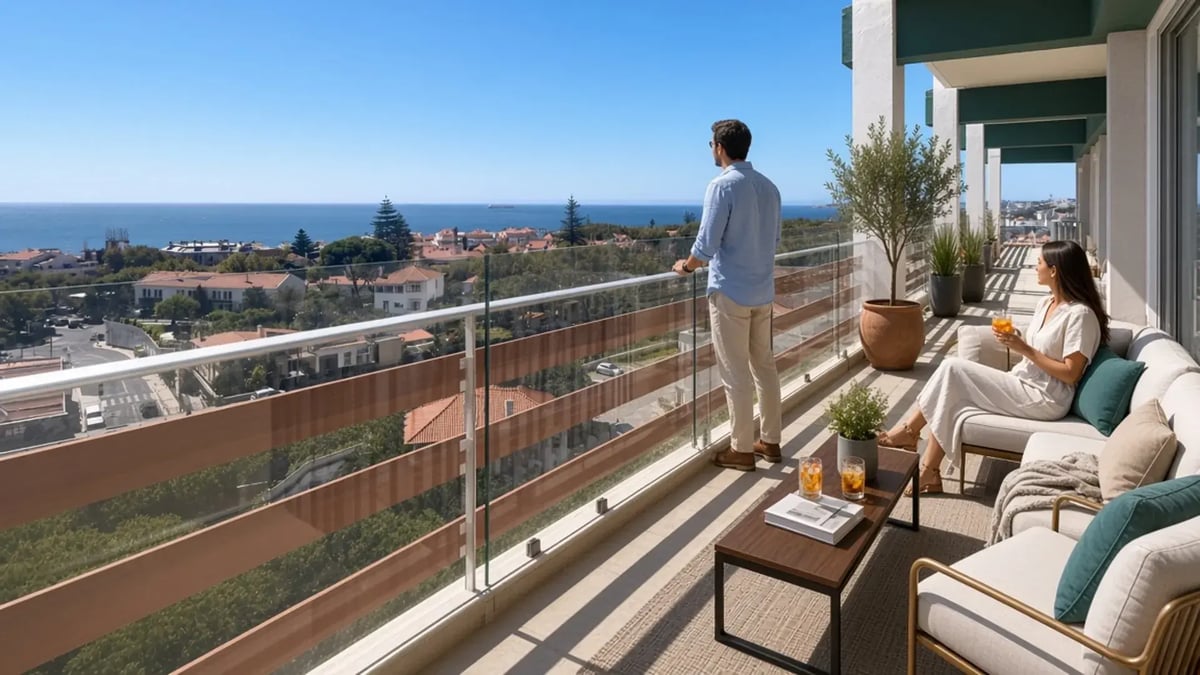 South terrace of a top-floor penthouse in Parede, with lounge seating and an open view of the Atlantic