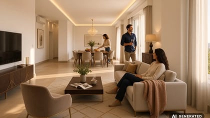 Open-plan living and dining room of the Parede penthouse, with sofas, a dining table and sea light through the glazing