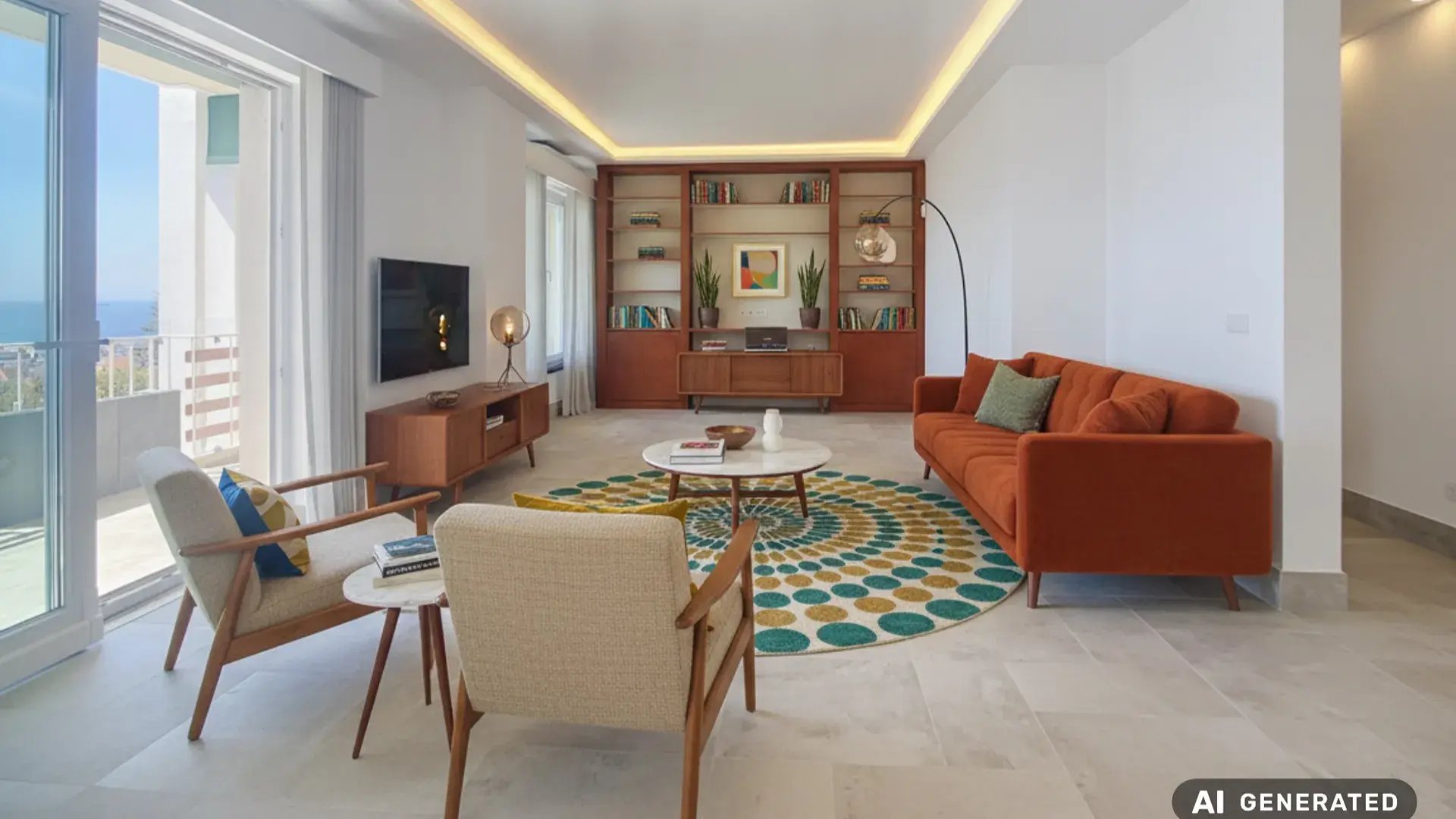 Living room with a rust sofa, bookshelf and sea view through the side glazing in the Parede penthouse
