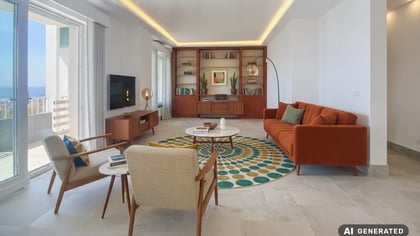 Living room with a rust sofa, bookshelf and sea view through the side glazing in the Parede penthouse