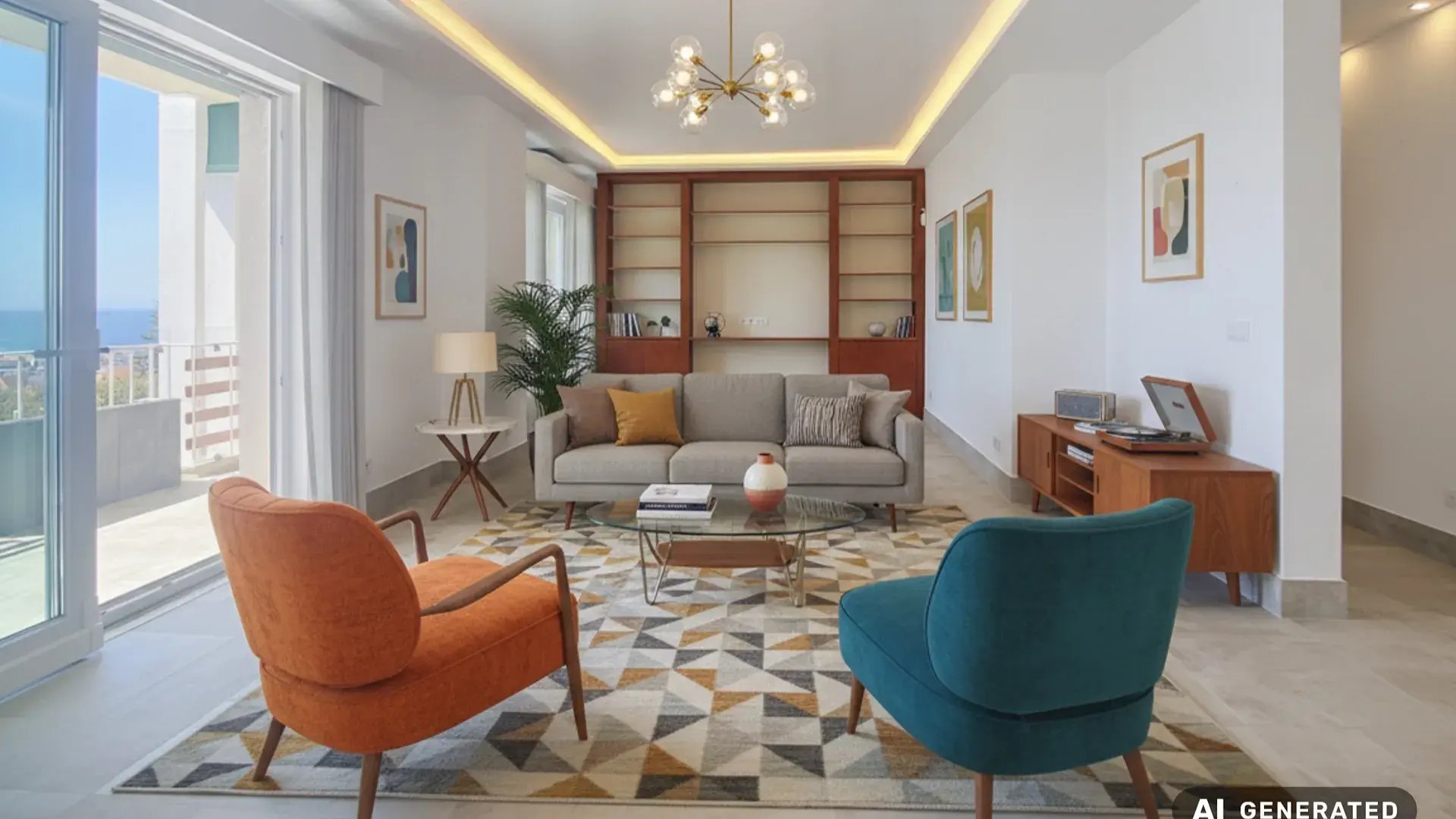 Living room with armchairs, a bookshelf and daylight from the terrace side in the Parede penthouse