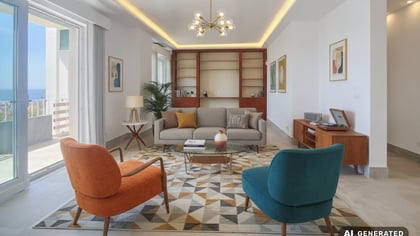 Living room with armchairs, a bookshelf and daylight from the terrace side in the Parede penthouse