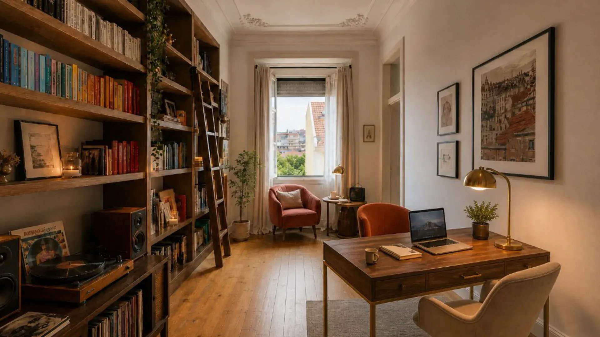 Empty room with white walls, wood floors, and open door with glass transom above.
