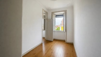Narrow room being painted, with floor protection, stepladder, and window overlooking the city.