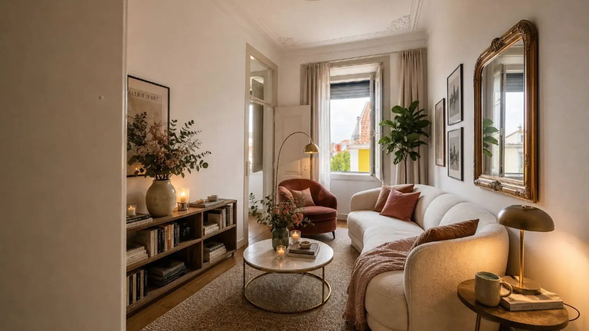 Staged living room in a T2+1 apartment in Graça, Lisbon — curved sofa, gold mirror, and view over terracotta rooftops