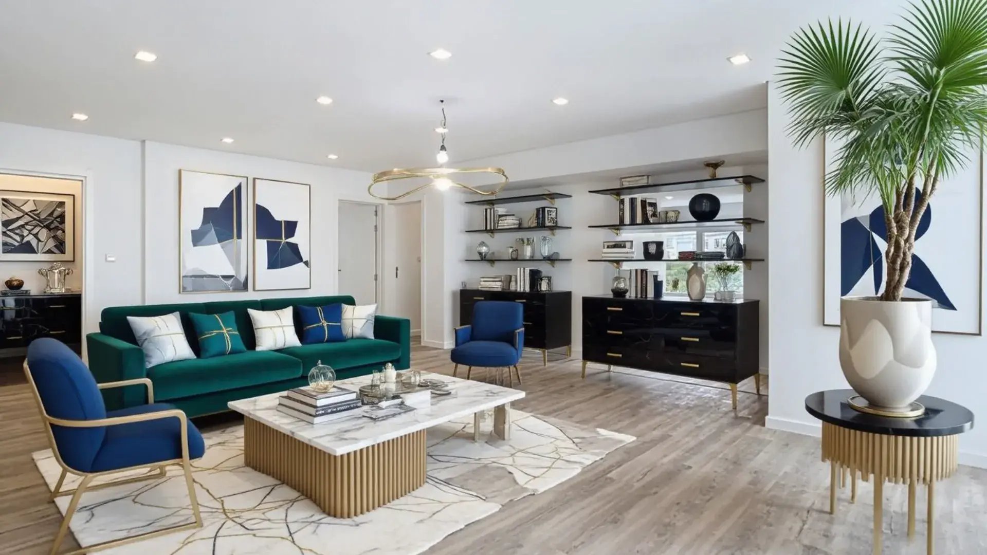 Sala de estar moderna e decorada com sofá verde-esmeralda, poltronas azuis e mesa de centro em mármore.
