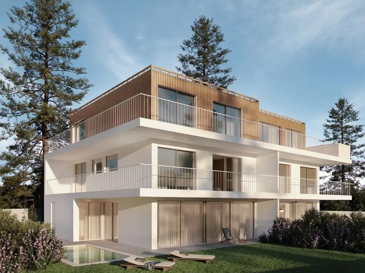Piscina privada e terraço exterior nas moradias VillaMar Carcavelos