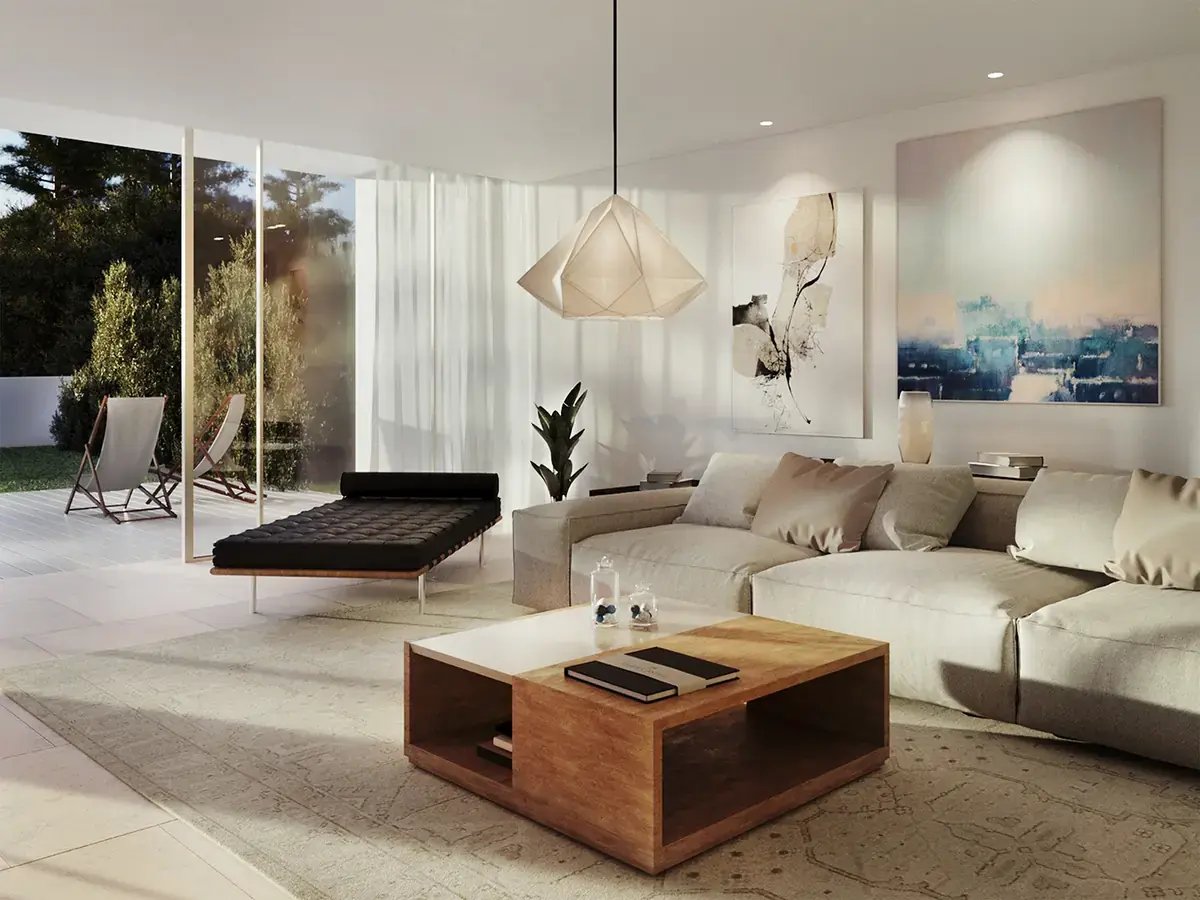 Sala de estar com luz natural na moradia VillaMar Carcavelos