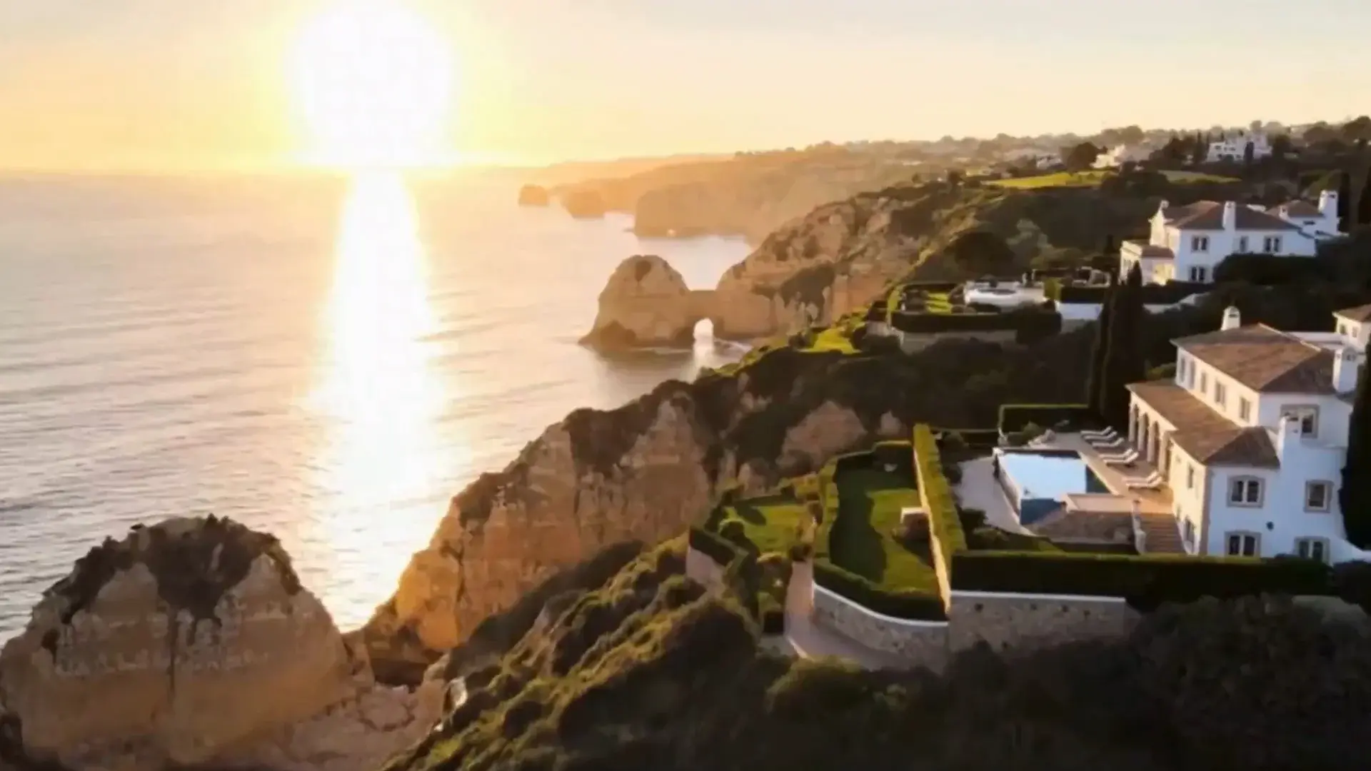 Cinematic Algarve villa and coastline at golden hour — layered double-exposure hero background, Cavalcanti RealEstate Team