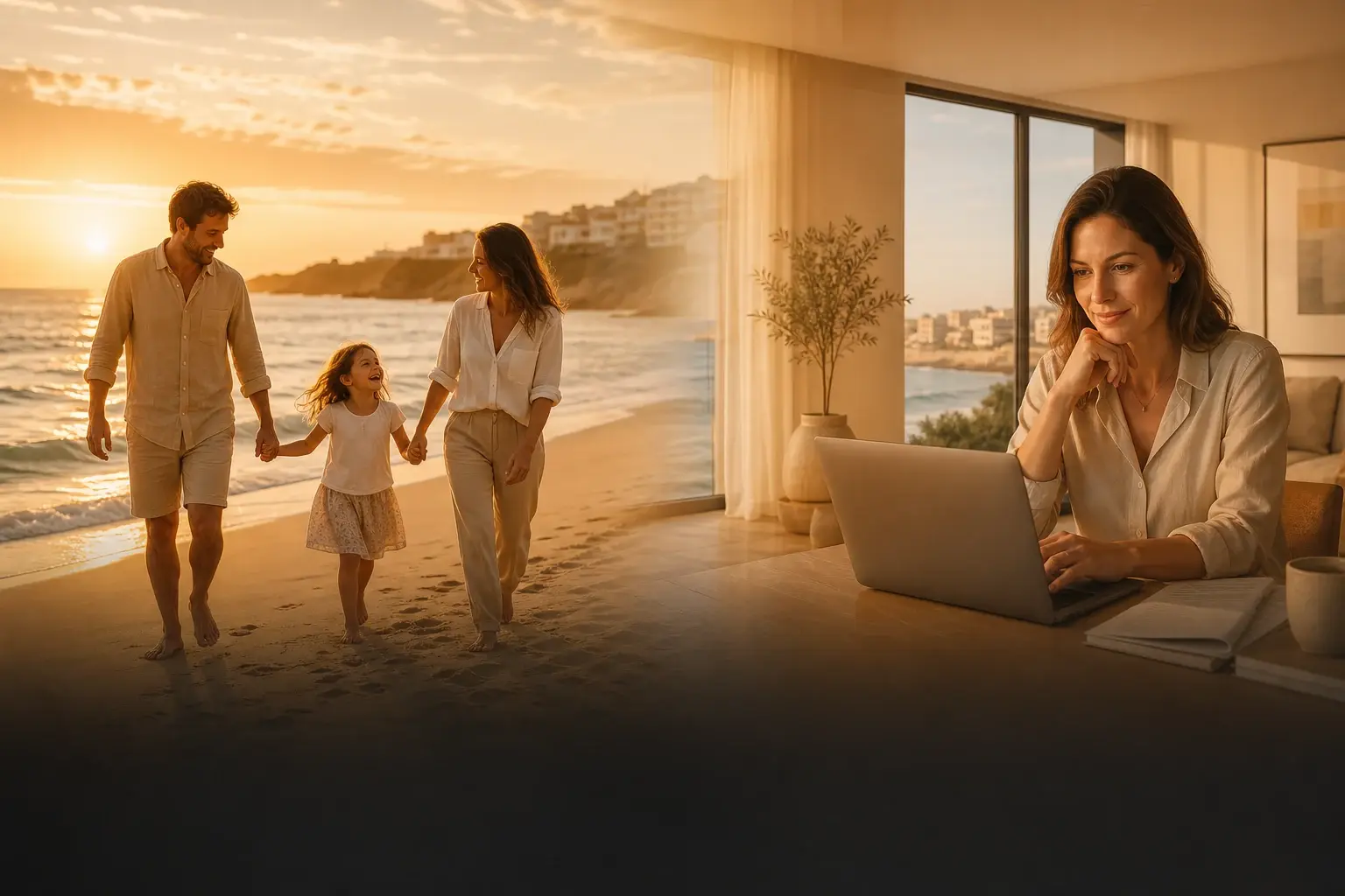 Family on the beach and woman searching for a home on the Lisbon coast