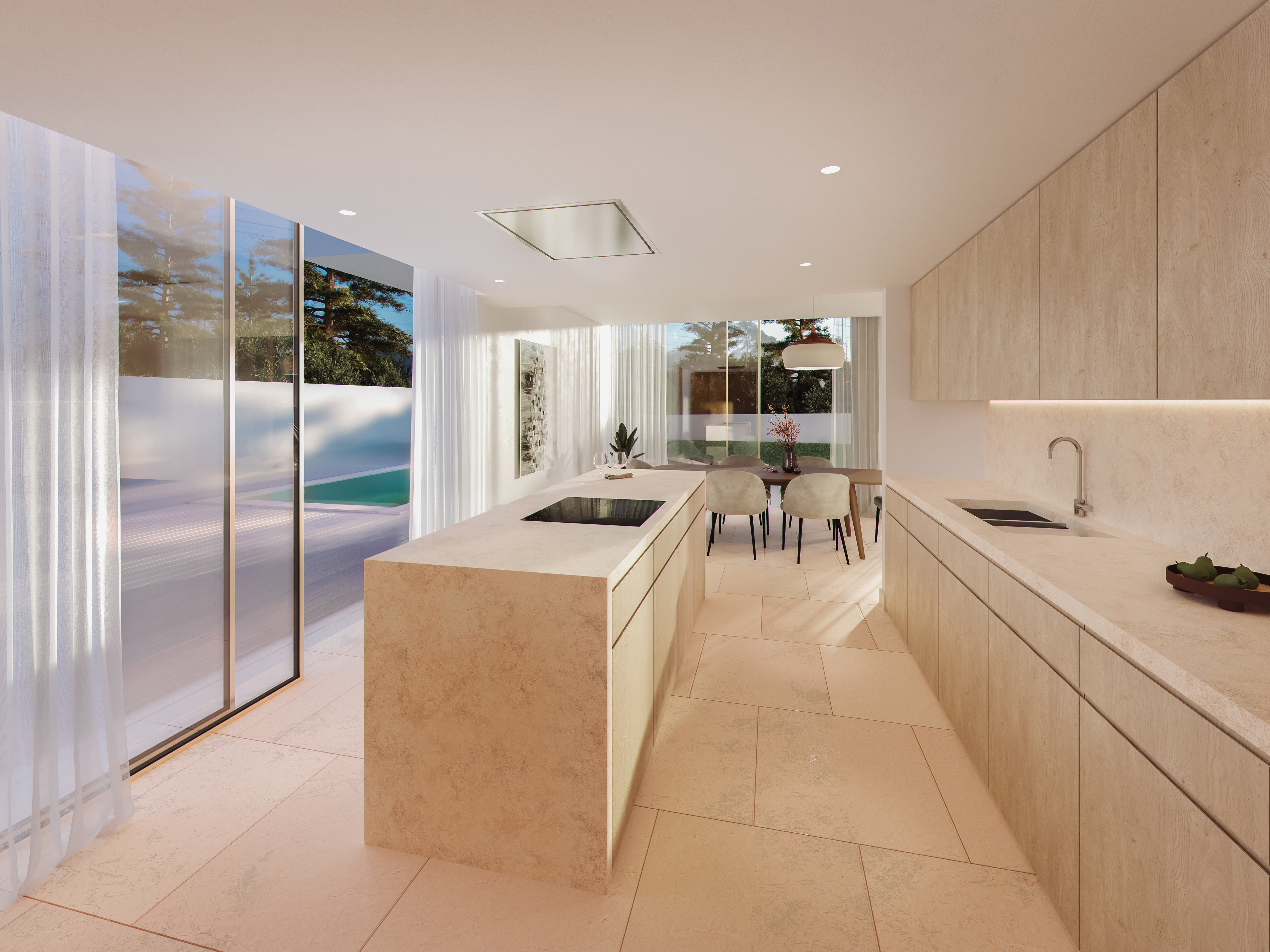 Open-plan kitchen with modern design and premium materials at VillaMar Carcavelos
